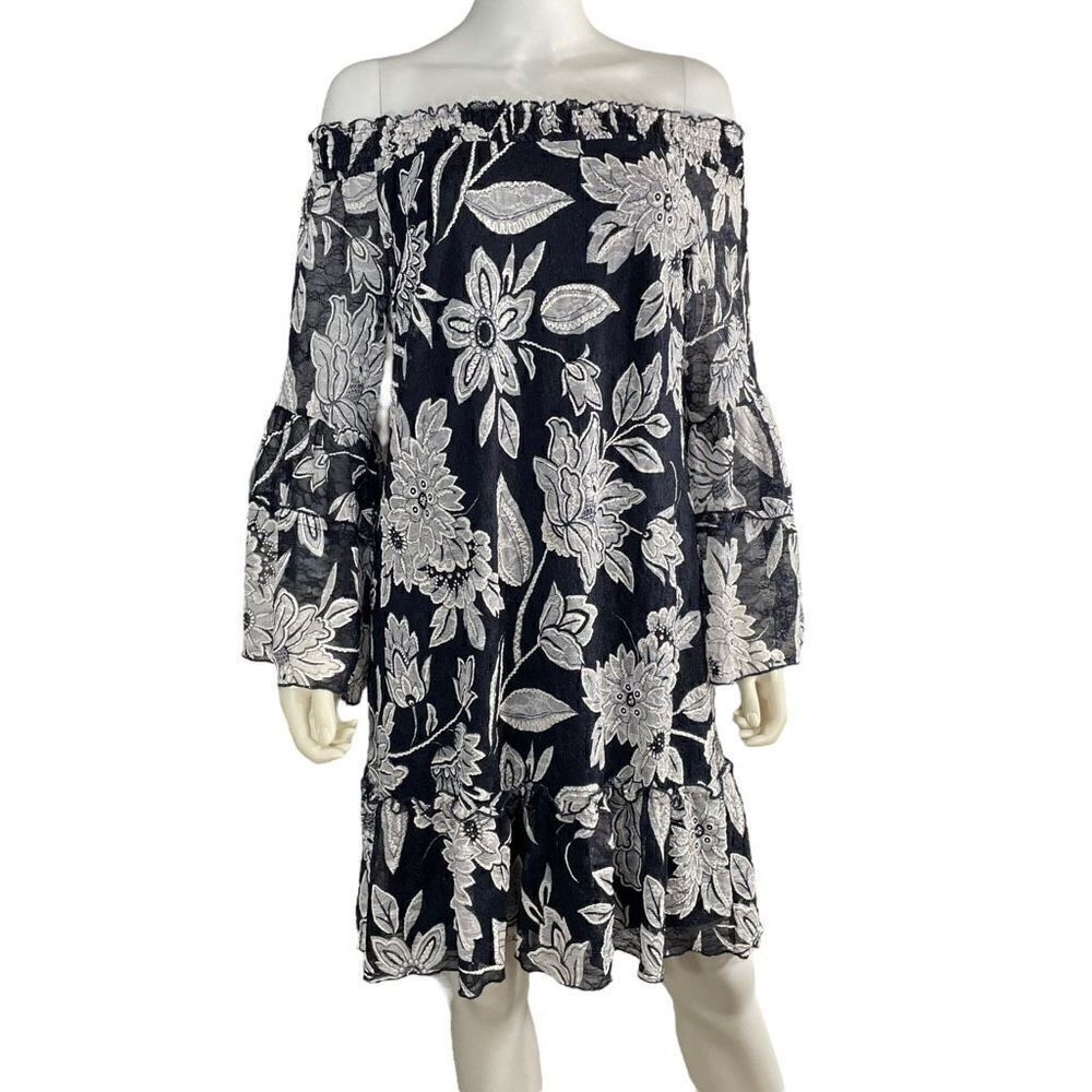 Westport Navy Blue White Floral Lace Off the Shoulder Long Sleeve Dress Medium
